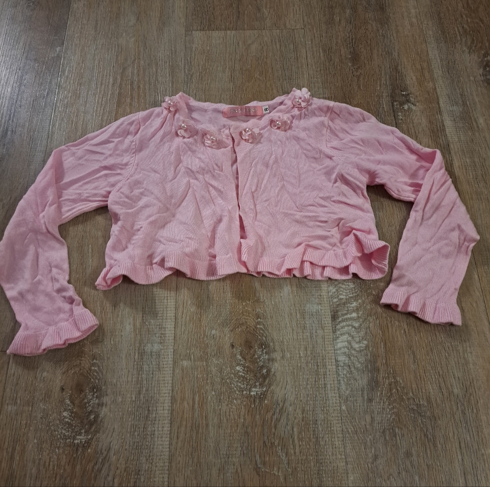 Pink Butterfly Kids Ruffled Floral Pearls Cardigan Knit Shrug Sweater Girl's 8